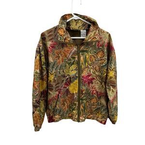 Vintage EVR 100% Silk Leaf Print Fullzip Windbreaker Bomber Jacket Fall Theme M